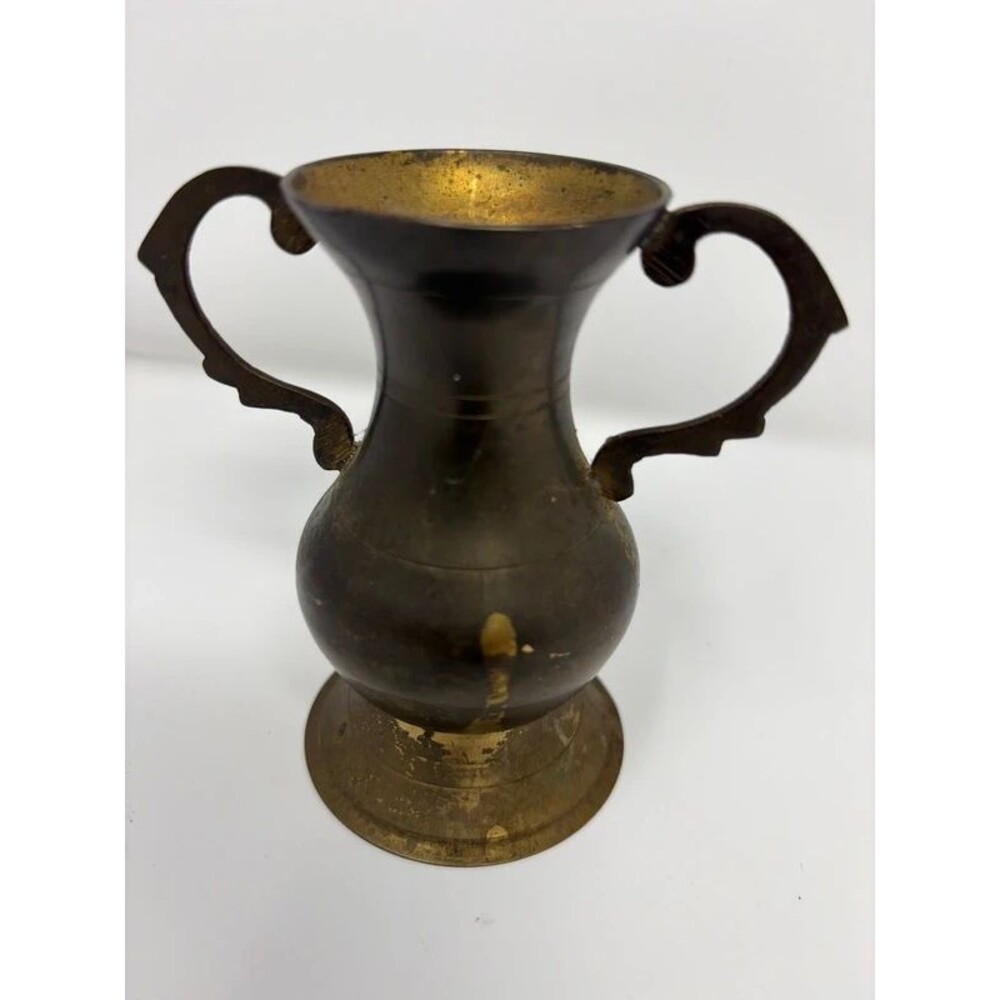 Mid Century Brass Champion Trophy Urn Vase Amphora Two Handle Patina Decor